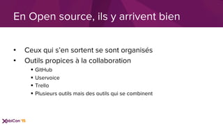 •  Ceux qui s’en sortent se sont organisés
•  Outils propices à la collaboration
§  GitHub
§  Uservoice
§  Trello
§  Plusieurs outils mais des outils qui se combinent
En Open source, ils y arrivent bien
 