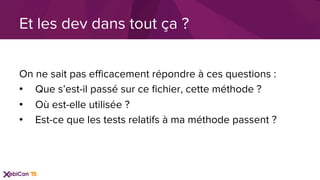 On ne sait pas eﬃcacement répondre à ces questions :
•  Que s’est-il passé sur ce ﬁchier, cette méthode ?
•  Où est-elle utilisée ?
•  Est-ce que les tests relatifs à ma méthode passent ?
Et les dev dans tout ça ?
 
