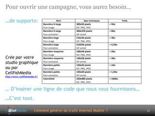 Pour ouvrir une campagne, vous aurez besoin…

…de supports:                                 Nom
                               Bannière X-large
                                                           Spec techniques
                                                    300x50 pixels            < 5Ko
                                                                                       Poids

                               Pour image           GIF, PNG, JPEG
                               Bannière X-large     300x250 pixels           < 8Ko
                               Pour animation       GIF animé
                               Bannière large       216x36 pixels            < 3Ko
                               Pour image           GIF, PNG, JPEG
                               Bannière large       216X36 pixels            < 4,5Ko
                               Pour animation       GIF animé
                               Bannière moyenne     168x28 pixels            < 2Ko
                               Pour image           GIF, PNG, JPEG
Crée par votre                 Bannière moyenne     168x28 pixels            < 3Ko
studio graphique               Pour animation
                               Bannière petite
                                                    GIF animé
                                                    120x20 pixels            < 1Ko
ou par                         Pour image           GIF, PNG, JPEG

CellfishMedia                  Bannière petite
                               Pour animation
                                                    120x20 pixels
                                                    GIF animé
                                                                             < 1,5Ko
http://www.cellfishmedia.fr/
                               Interstitiel         320x480 pixels           < 100Ko
                                                    GIF, PNG, JPEG


… D’insérer une ligne de code que nous vous fournissons…
…C’est tout.

                        Comment générer du trafic Internet Mobile ?                            13
 