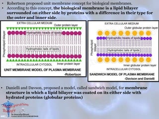 • Robertson proposed unit membrane concept for biological membranes.
• According to this concept, the biological membrane is a lipid bilayer
surrounded on either side by proteins with a difference in their type for
the outer and inner side.
• Danielli and Davson, proposed a model, called sandwich model, for membrane
structure in which a lipid bilayer was coated on its either side with
hydrated proteins (globular proteins)
 