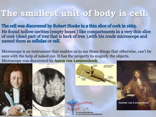 The smallest unit of body is cell.
Microscope is an instrument that enables us to see those things that otherwise, can’t be
seen with the help of naked eye. It has the property to magnify the objects.
Microscope was discovered by
 