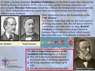In 1838, a German botanist, Matthias Schleiden was the first to state that cells are the
building blocks of all plants. In the following year, another German physician and
physiologist, Theodor Schwann stated that cells are the fundamental units of animals
too. These statements ended the notion that plants and animals have fundamental
differences in structure.
Their discoveries led to the formulation of the
‘Cell Theory’.
Cell Theory states that cells are the basic units of
all living organisms. But, the cell theory failed to
explain how new cells arise. In 1855, Rudolf
Virchow, a German embryologist stated in
German ‘Omnis cellula e cellula’ which means
that new cells come from already existing cells.
The three important points of the
modified cell theory are as follows:
 The cell is the basic functional and
structural unit of all living organisms.
 All living organisms are made up of
cells.
 All cells arise from pre-existing cells.
 