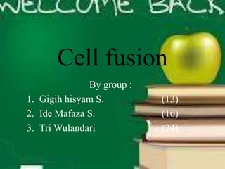 Cell fusion
By group :
1. Gigih hisyam S. (13)
2. Ide Mafaza S. (16)
3. Tri Wulandari (24)
 
