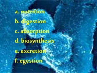 a. nutrition
b. digestion
c. absorption
d. biosynthesis
e. excretion
f. egestion
 