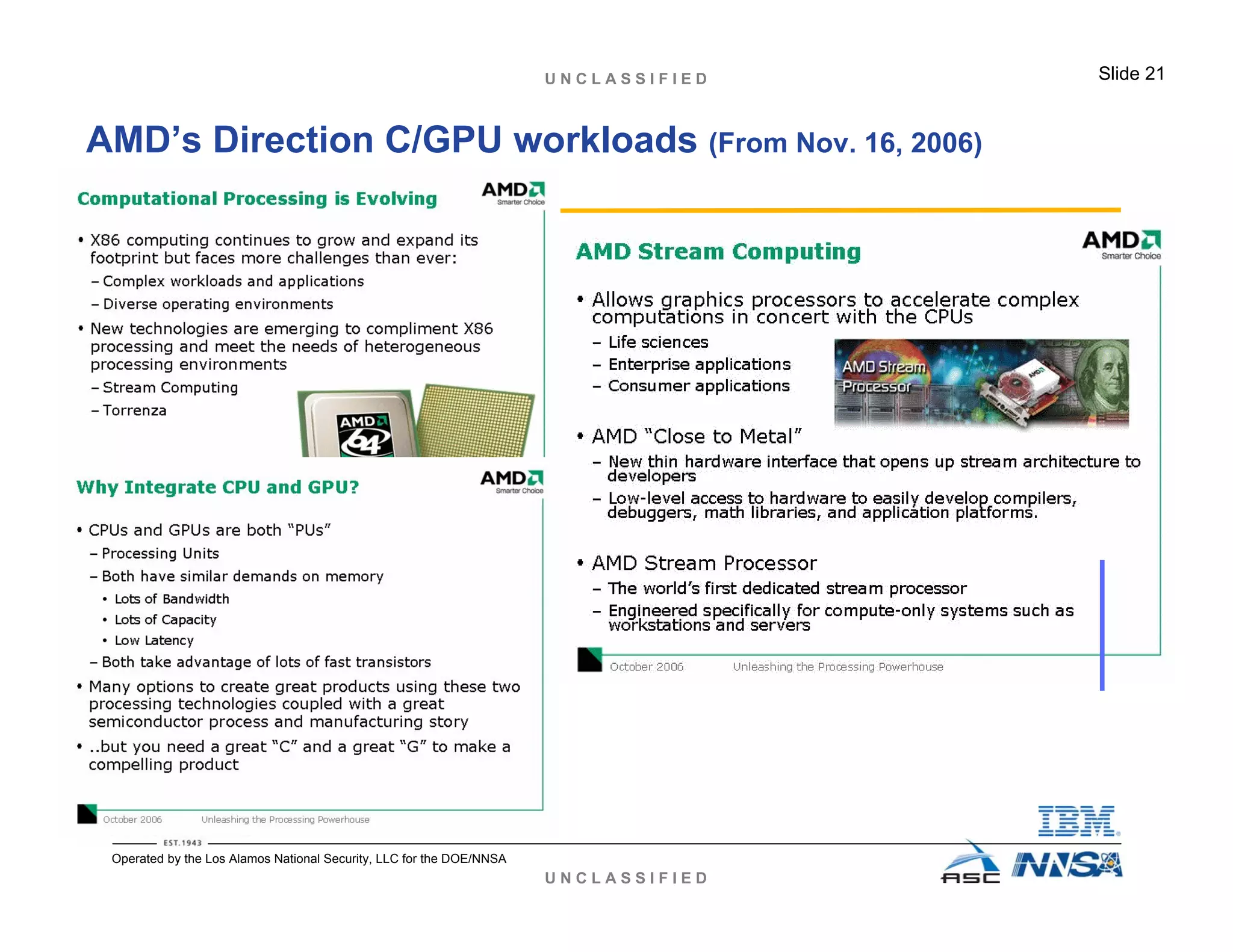 U N C L A S S I F I E D
U N C L A S S I F I E D Slide 21
Operated by the Los Alamos National Security, LLC for the DOE/NNSA
AMD’s Direction C/GPU workloads (From Nov. 16, 2006)
 
