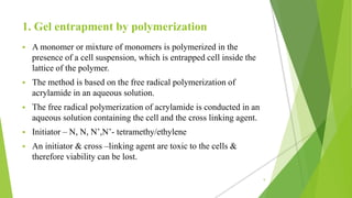 1. Gel entrapment by polymerization
 A monomer or mixture of monomers is polymerized in the
presence of a cell suspension, which is entrapped cell inside the
lattice of the polymer.
 The method is based on the free radical polymerization of
acrylamide in an aqueous solution.
 The free radical polymerization of acrylamide is conducted in an
aqueous solution containing the cell and the cross linking agent.
 Initiator – N, N, N’,N’- tetramethy/ethylene
 An initiator & cross –linking agent are toxic to the cells &
therefore viability can be lost.
9
 