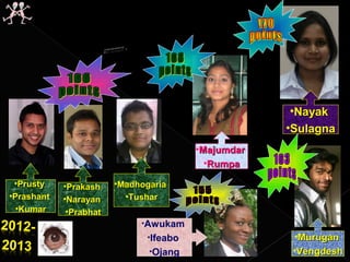 •PrustyPrusty
•PrashantPrashant
•KumarKumar
•PrakashPrakash
•NarayanNarayan
•PrabhatPrabhat
•MadhogariaMadhogaria
•TusharTushar
•NayakNayak
•SulagnaSulagna
•MuruganMurugan
•VengdeshVengdesh
•MajumdarMajumdar
•RumpaRumpa
•Awukam
•Ifeabo
•Ojang
 