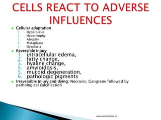  Cellular adaptation
1. Hyperplasia
2. Hypertrophy
3. Atrophy
4. Metaplasia
5. Dysplasia
 Reversible injury
1. intracellular edema,
2. fatty change,
3. hyaline change,
4. amyloidosis,
5. mucoid degeneration,
6. pathologic pigments
 Irreversible injury and dying: Necrosis, Gangrene followed by
pathological calcification
www.dentaltutot.in
 