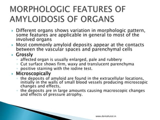  Different organs shows variation in morphologic pattern,
some features are applicable in general to most of the
involved organs
 Most commonly amyloid deposits appear at the contacts
between the vascular spaces and parenchymal cells
 Grossly
◦ affected organ is usually enlarged, pale and rubbery
◦ Cut surface shows firm, waxy and translucent parenchyma
◦ positive staining with the iodine test.
 Microscopically
◦ the deposits of amyloid are found in the extracellular locations,
initially in the walls of small blood vessels producing microscopic
changes and effects,
◦ the deposits are in large amounts causing macroscopic changes
and effects of pressure atrophy.
www.dentaltutot.in
 