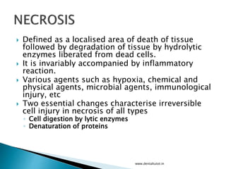  Defined as a localised area of death of tissue
followed by degradation of tissue by hydrolytic
enzymes liberated from dead cells.
 It is invariably accompanied by inflammatory
reaction.
 Various agents such as hypoxia, chemical and
physical agents, microbial agents, immunological
injury, etc
 Two essential changes characterise irreversible
cell injury in necrosis of all types
◦ Cell digestion by lytic enzymes
◦ Denaturation of proteins
www.dentaltutot.in
 