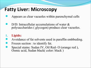Fatty Liver: Microscopy
 Appears as clear vacuoles within parenchymal cells
 D/D: Intracellular accumulations of water &
polysaccharides ( glycogen) produce clear vacuoles.
1. Lipids:
 Avoidance of fat solvents used in paraffin embbeding.
 Frozen section : to identify fat.
 Special stains: Sudan IV, Oil Red- O (orange red ),
Osmic acid, Sudan black( color: black )
 