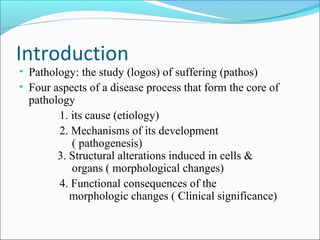 Introduction
• Pathology: the study (logos) of suffering (pathos)
• Four aspects of a disease process that form the core of
pathology
1. its cause (etiology)
2. Mechanisms of its development
( pathogenesis)
3. Structural alterations induced in cells &
organs ( morphological changes)
4. Functional consequences of the
morphologic changes ( Clinical significance)
 