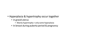 • Hyperplasia & hypertrophy occur together
• in gravid uterus
• Mainly hypertrophy + only some hyperplasia
• In breast during puberta period & pregnancy
 