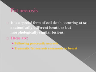 It is a special form of cell death occurring at two
anatomically different locations but
morphologically similar lesions.
These are:
Following pancreatic necrosis
Traumatic fat necrosis commonly in breast
 