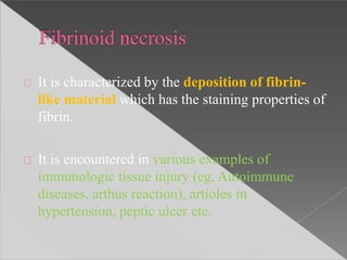 It is characterized by the deposition of fibrin-
like material which has the staining properties of
fibrin.
It is encountered in various examples of
immunologic tissue injury (eg. Autoimmune
diseases, arthus reaction), artioles in
hypertension, peptic ulcer etc.
 