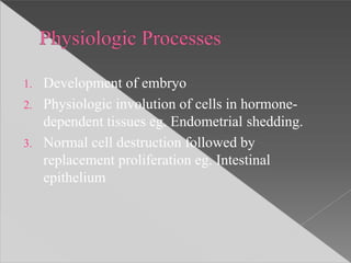 1. Development of embryo
2. Physiologic involution of cells in hormone-
dependent tissues eg. Endometrial shedding.
3. Normal cell destruction followed by
replacement proliferation eg. Intestinal
epithelium
 