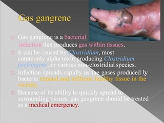 Gas gangrene is a bacterial
infection that produces gas within tissues.
It can be caused by Clostridium, most
commonly alpha toxin producing Clostridium
perfringens, or various non-clostridial species.
Infection spreads rapidly as the gases produced by
bacteria expand and infiltrate healthy tissue in the
vicinity.
Because of its ability to quickly spread to
surrounding tissues, gas gangrene should be treated
as a medical emergency.
 