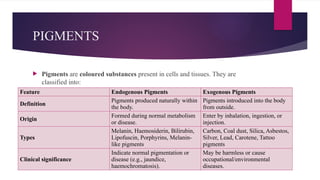 PIGMENTS
 Pigments are coloured substances present in cells and tissues. They are
classified into:
Feature Endogenous Pigments Exogenous Pigments
Definition
Pigments produced naturally within
the body.
Pigments introduced into the body
from outside.
Origin
Formed during normal metabolism
or disease.
Enter by inhalation, ingestion, or
injection.
Types
Melanin, Haemosiderin, Bilirubin,
Lipofuscin, Porphyrins, Melanin-
like pigments
Carbon, Coal dust, Silica, Asbestos,
Silver, Lead, Carotene, Tattoo
pigments
Clinical significance
Indicate normal pigmentation or
disease (e.g., jaundice,
haemochromatosis).
May be harmless or cause
occupational/environmental
diseases.
 