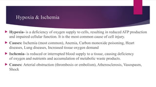 Hypoxia & Ischemia
 Hypoxia- is a deficiency of oxygen supply to cells, resulting in reduced ATP production
and impaired cellular function. It is the most common cause of cell injury.
 Causes: Ischemia (most common), Anemia, Carbon monoxide poisoning, Heart
diseases, Lung diseases, Increased tissue oxygen demand
 Ischemia- is reduced or interrupted blood supply to a tissue, causing deficiency
of oxygen and nutrients and accumulation of metabolic waste products.
 Causes: Arterial obstruction (thrombosis or embolism), Atherosclerosis, Vasospasm,
Shock
 