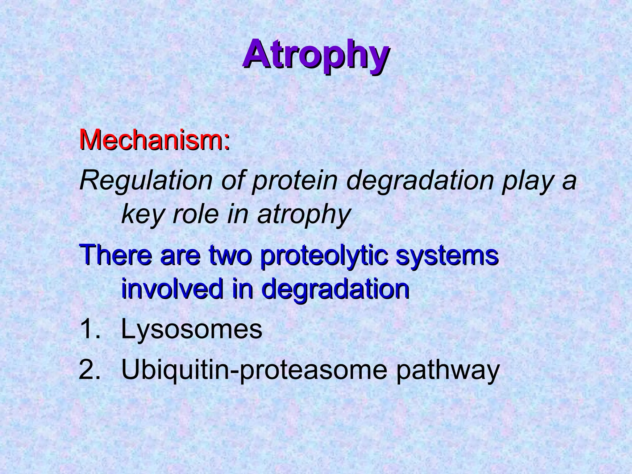 AtrophyAtrophy
Mechanism:Mechanism:
Regulation of protein degradation play a
key role in atrophy
There are two proteolytic systemsThere are two proteolytic systems
involved in degradationinvolved in degradation
1. Lysosomes
2. Ubiquitin-proteasome pathway
 