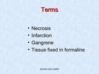 TermsTerms
• Necrosis
• Infarction
• Gangrene
• Tissue fixed in formaline
SDUMC-Path-CSBRP
 