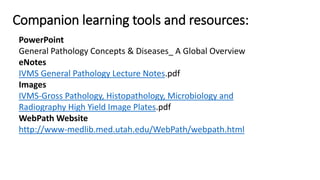 PowerPoint
General Pathology Concepts & Diseases_ A Global Overview
eNotes
IVMS General Pathology Lecture Notes.pdf
Images
IVMS-Gross Pathology, Histopathology, Microbiology and
Radiography High Yield Image Plates.pdf
WebPath Website
http://www-medlib.med.utah.edu/WebPath/webpath.html
Companion learning tools and resources:
 