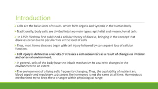 Introduction
Cells are the basic units of tissues, which form organs and systems in the human body.
Traditionally, body cells are divided into two main types: epithelial and mesenchymal cells
 In 1859, Virchow first published a cellular theory of disease, bringing in the concept that
diseases occur due to peculiarities at the level of cells
Thus, most forms diseases begin with cell injury followed by consequent loss of cellular
function.
Cell injury is defined as a variety of stresses a cell encounters as a result of changes in internal
and external environment.
In general, cells of the body have the inbuilt mechanism to deal with changes in the
environment to an extent.
The environment of a living cells frequently changing. Thus, the availability of nutrient en,
blood supply and regulatory substances like hormones is not the same at all time. Homeostatic
mechanisms try to keep these changes within physiological range.
 