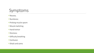 Symptoms
 Nausea,
 Numbness
 Prolong muscle spasm
 Muscle twitching
 Hand tremor
 Dizziness
 Difficulty breathing
 Confusion
 Shock and coma
 