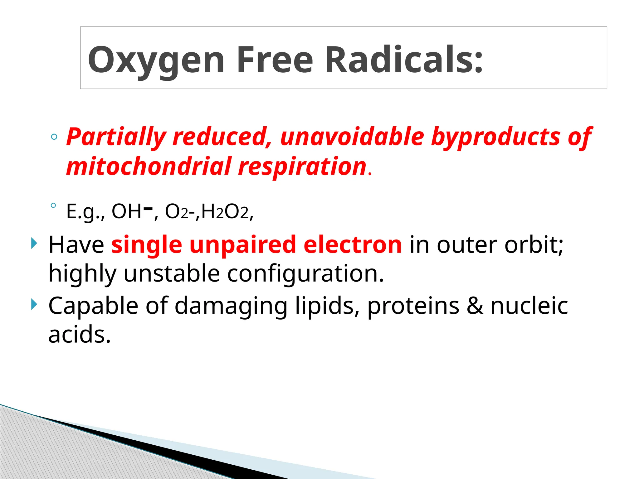 ◦ Partially reduced, unavoidable byproducts of
mitochondrial respiration.
◦ E.g., OH-, O2-,H2O2,
 Have single unpaired electron in outer orbit;
highly unstable configuration.
 Capable of damaging lipids, proteins & nucleic
acids.
Oxygen Free Radicals:
 