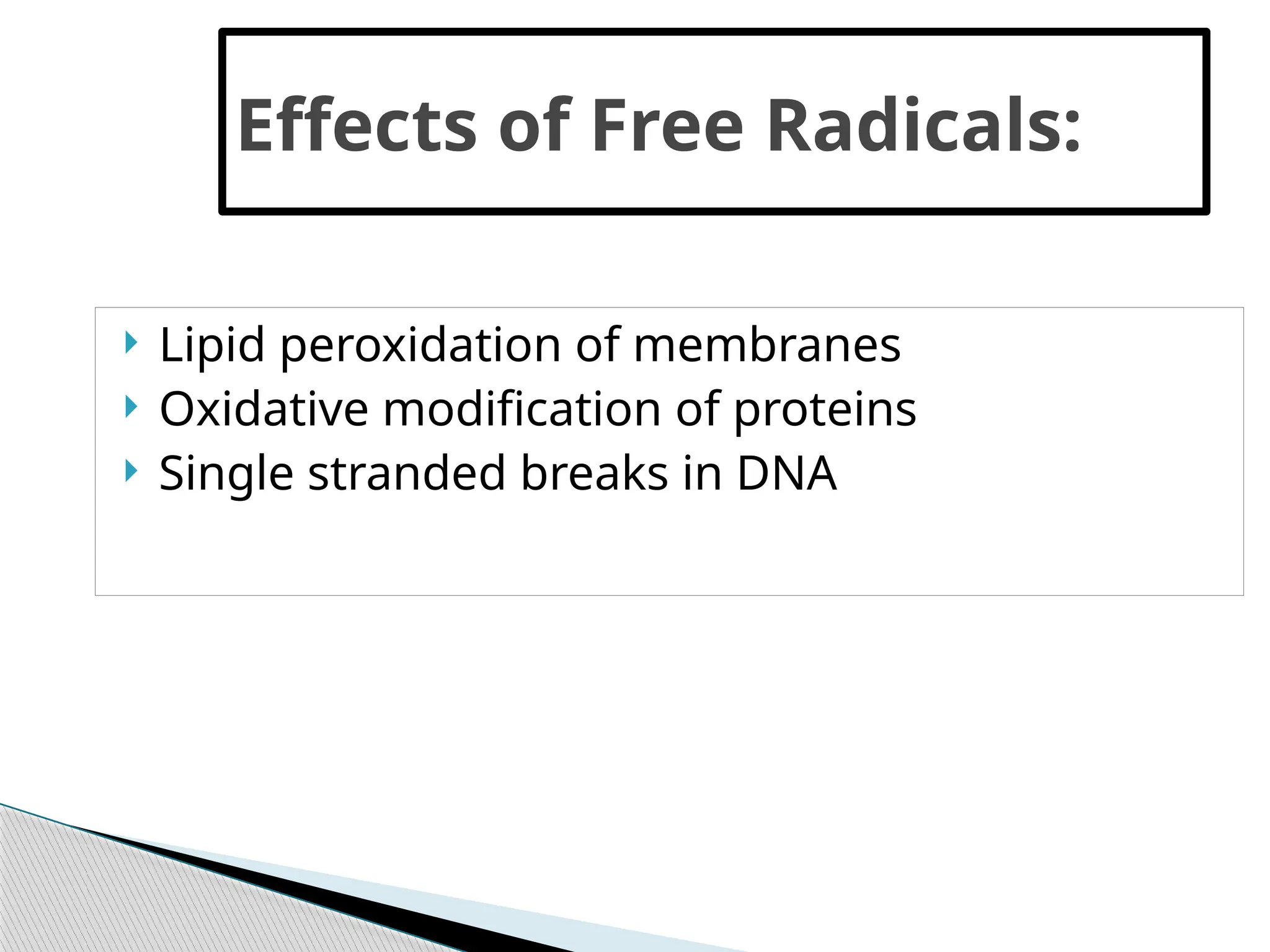  Lipid peroxidation of membranes
 Oxidative modification of proteins
 Single stranded breaks in DNA
Effects of Free Radicals:
 