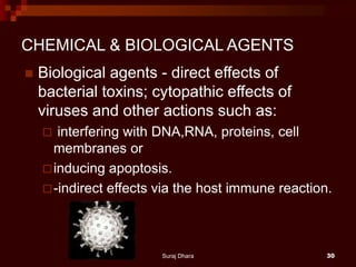 CHEMICAL & BIOLOGICAL AGENTS
 Biological agents - direct effects of
bacterial toxins; cytopathic effects of
viruses and other actions such as:
 interfering with DNA,RNA, proteins, cell
membranes or
inducing apoptosis.
-indirect effects via the host immune reaction.
Suraj Dhara 30
 