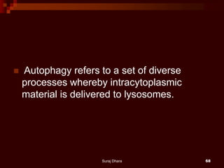  Autophagy refers to a set of diverse
processes whereby intracytoplasmic
material is delivered to lysosomes.
Suraj Dhara 68
 