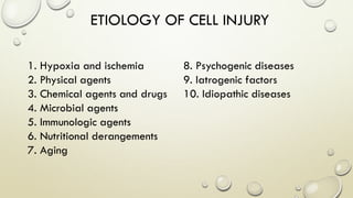 ETIOLOGY OF CELL INJURY
1. Hypoxia and ischemia
2. Physical agents
3. Chemical agents and drugs
4. Microbial agents
5. Immunologic agents
6. Nutritional derangements
7. Aging
8. Psychogenic diseases
9. Iatrogenic factors
10. Idiopathic diseases
 