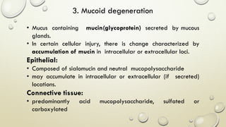 3. Mucoid degeneration
• Mucus containing mucin(glycoprotein) secreted by mucous
glands.
• In certain cellular injury, there is change characterized by
accumulation of mucin in intracellular or extracellular loci.
Epithelial:
• Composed of sialomucin and neutral mucopolysaccharide
• may accumulate in intracellular or extracellular (if secreted)
locations.
Connective tissue:
• predominantly acid mucopolysaccharide, sulfated or
carboxylated
 