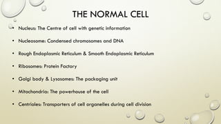 THE NORMAL CELL
• Nucleus: The Centre of cell with genetic information
• Nucleosome: Condensed chromosomes and DNA
• Rough Endoplasmic Reticulum & Smooth Endoplasmic Reticulum
• Ribosomes: Protein Factory
• Golgi body & Lysosomes: The packaging unit
• Mitochondria: The powerhouse of the cell
• Centrioles: Transporters of cell organelles during cell division
 