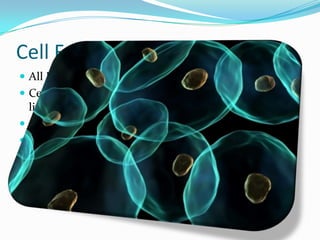 Cell Facts!All Living Things are composed of cells. Cells are the basic unit of structure and function of all living things Cells are produced from other cells Cells do everything from providing structure and stability, to helping provide energy and means of reproduction There are 75 to 100 trillion cells in your body  