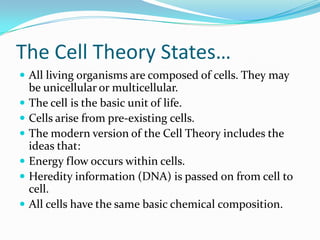 The Cell Theory States…All living organisms are composed of cells. They may be unicellular or multicellular. The cell is the basic unit of life. Cells arise from pre-existing cells. The modern version of the Cell Theory includes the ideas that: Energy flow occurs within cells. Heredity information (DNA) is passed on from cell to cell. All cells have the same basic chemical composition. 