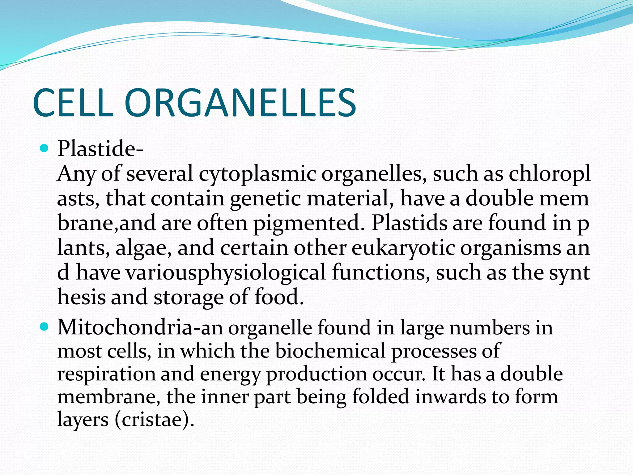 CELL ORGANELLES
 Plastide-
Any of several cytoplasmic organelles, such as chloropl
asts, that contain genetic material, have a double mem
brane,and are often pigmented. Plastids are found in p
lants, algae, and certain other eukaryotic organisms an
d have variousphysiological functions, such as the synt
hesis and storage of food.
 Mitochondria-an organelle found in large numbers in
most cells, in which the biochemical processes of
respiration and energy production occur. It has a double
membrane, the inner part being folded inwards to form
layers (cristae).
 