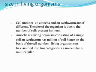size in living organisms
1. Cell number- an amoeba and an earthworm are of
different. The size of the organism is due to the
number of cells present in them .
2. Amoeba is a living organism consisting of a single
cell an earthworm has million of cell hence on the
basic of the cell number , living organism can
be classified into two categories, i.e unicellular &
multicellular
 