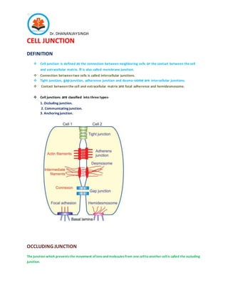 Dr. DHANANJAYSINGH
CELL JUNCTION
DEFINITION
 Cell junction is defined as the connection between neighboring cells or the contact between the cell
and extracellular matrix. It is also called membrane junction.
 Connection between two cells is called intercellular junctions.
 Tight junction, gap junction, adherence junction and desmo-some are intercellular junctions.
 Contact between the cell and extracellular matrix are focal adherence and hemidesmosome.
 Cell junctions are classified into three types-
1. Occluding junction.
2. Communicatingjunction.
3. Anchoringjunction.
OCCLUDING JUNCTION
The junction which preventsthe movement ofionsand moleculesfrom one cellto another cellis called the occluding
junction.
 