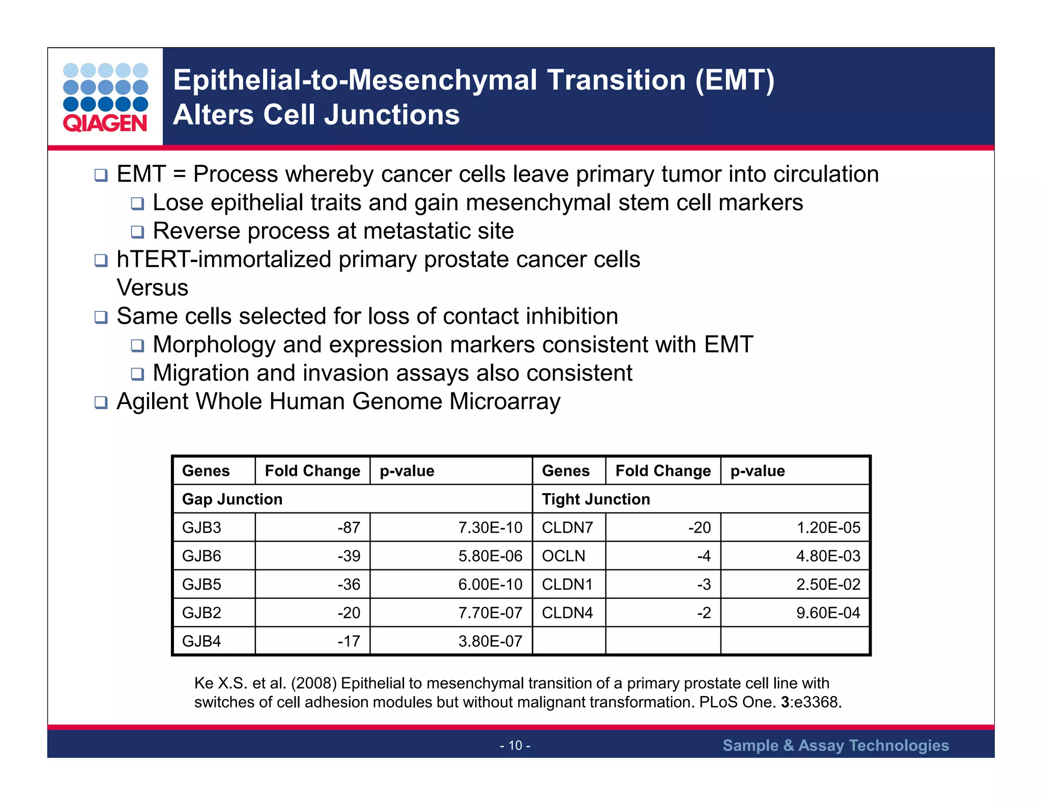 Epithelial-to-Mesenchymal Transition (EMT)
Alters Cell Junctions
EMT = Process whereby cancer cells leave primary tumor into circulation
Lose epithelial traits and gain mesenchymal stem cell markers
Reverse process at metastatic site
hTERT-immortalized primary prostate cancer cells
Versus
Same cells selected for loss of contact inhibition
Morphology and expression markers consistent with EMT
Migration and invasion assays also consistent
Agilent Whole Human Genome Microarray
Genes

Fold Change

p-value

Genes

Gap Junction

Fold Change

p-value

Tight Junction

GJB3

-87

7.30E-10

CLDN7

-20

1.20E-05

GJB6

-39

5.80E-06

OCLN

-4

4.80E-03

GJB5

-36

6.00E-10

CLDN1

-3

2.50E-02

GJB2

-20

7.70E-07

CLDN4

-2

9.60E-04

GJB4

-17

3.80E-07

Ke X.S. et al. (2008) Epithelial to mesenchymal transition of a primary prostate cell line with
switches of cell adhesion modules but without malignant transformation. PLoS One. 3:e3368.
- 10 -

Sample & Assay Technologies

 