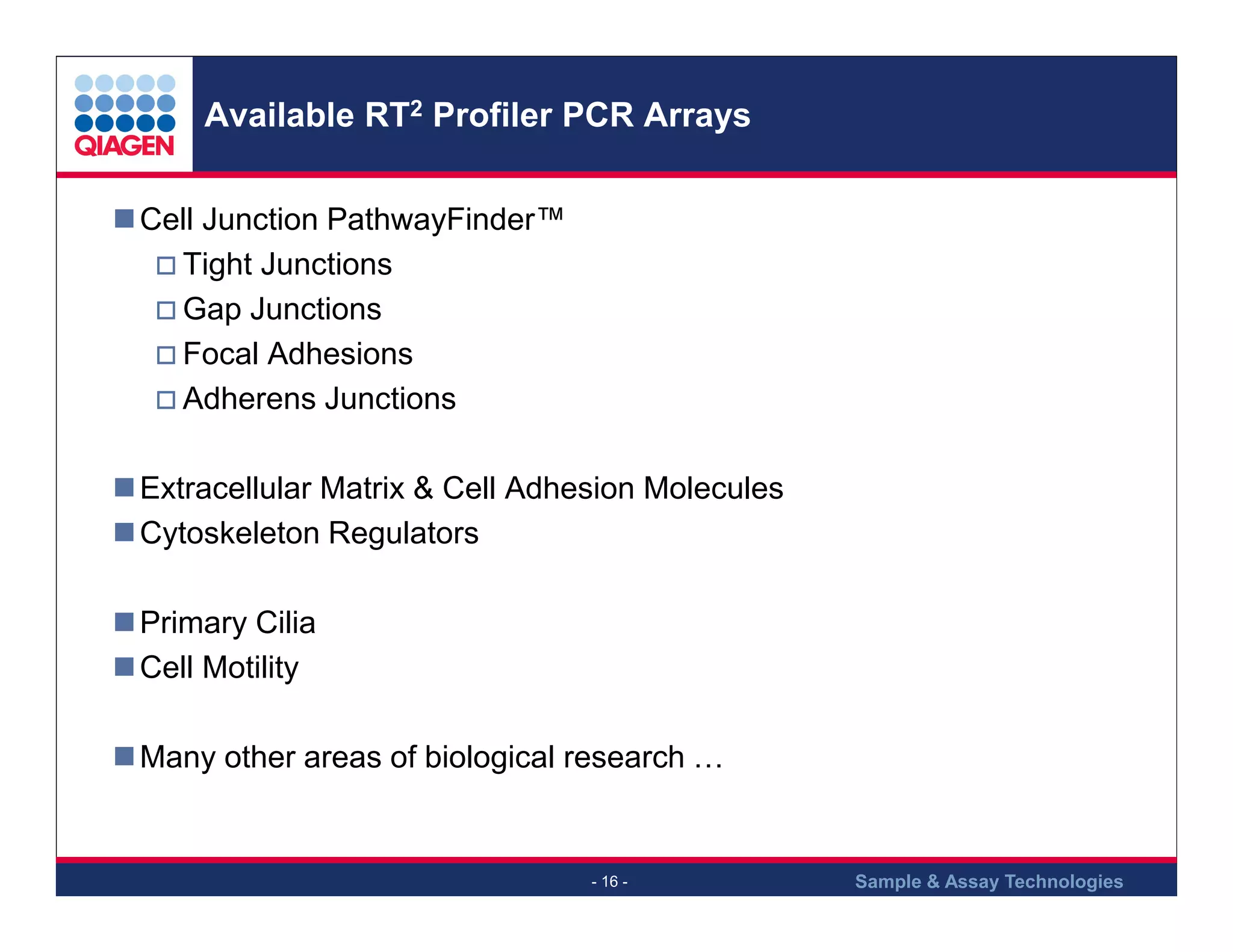 Available RT2 Profiler PCR Arrays
Cell Junction PathwayFinder™
Tight Junctions
Gap Junctions
Focal Adhesions
Adherens Junctions
Extracellular Matrix & Cell Adhesion Molecules
Cytoskeleton Regulators
Primary Cilia
Cell Motility
Many other areas of biological research …

- 16 -

Sample & Assay Technologies

 