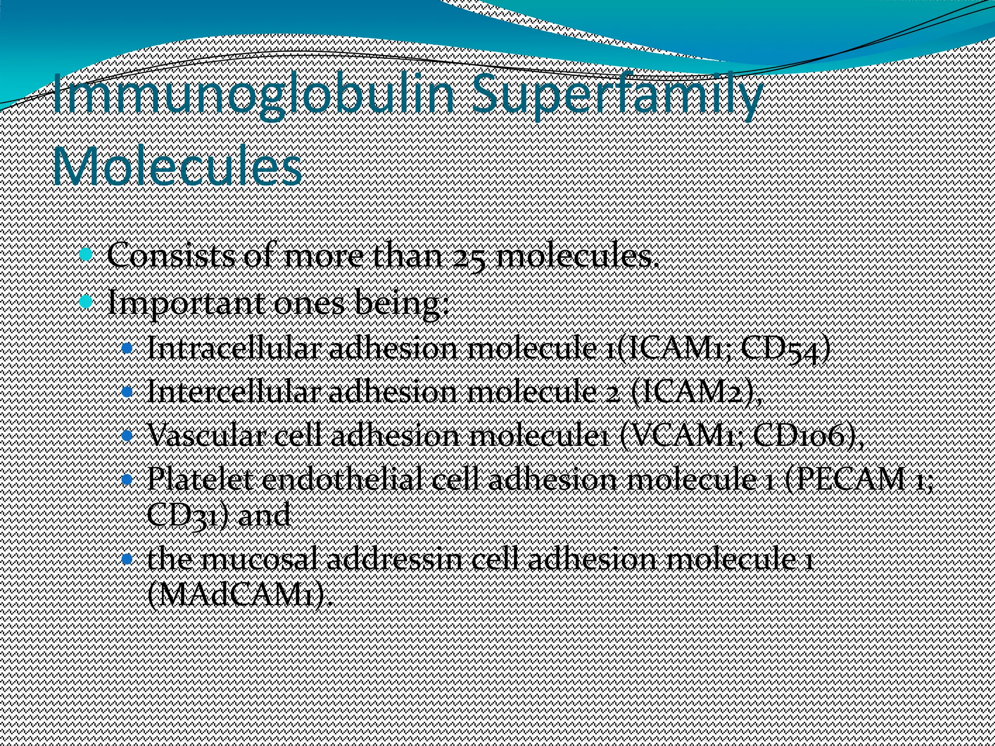 Immunoglobulin Superfamily
Molecules
 Consists of more than 25 molecules.
 Important ones being:
 Intracellular adhesion molecule 1(ICAM1; CD54)
 Intercellular adhesion molecule 2 (ICAM2),
 Vascular cell adhesion molecule1 (VCAM1; CD106),
 Platelet endothelial cell adhesion molecule 1 (PECAM 1;
CD31) and
 the mucosal addressin cell adhesion molecule 1
(MAdCAM1).
 