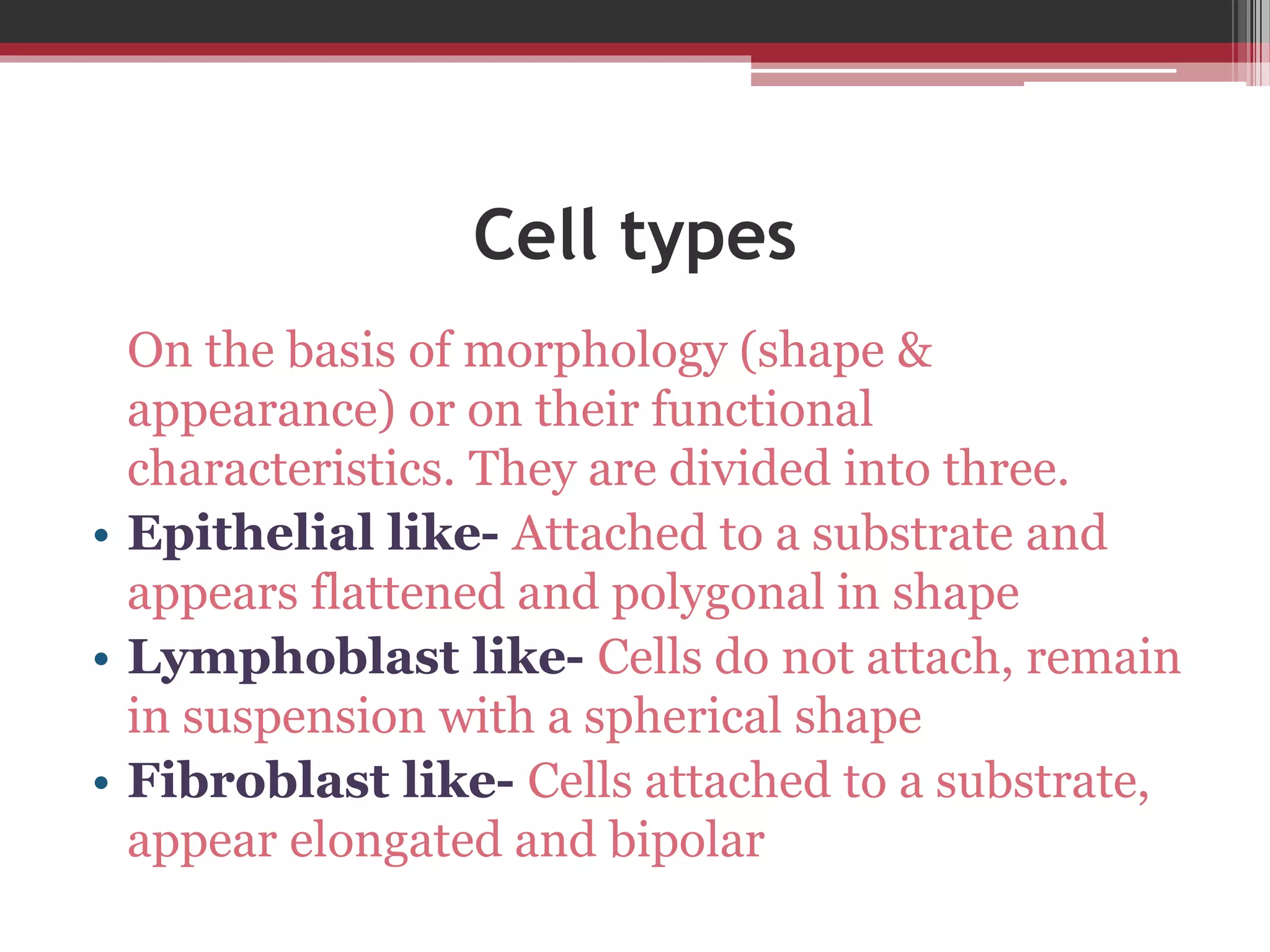 Cell types
On the basis of morphology (shape &
appearance) or on their functional
characteristics. They are divided into three.
• Epithelial like- Attached to a substrate and
appears flattened and polygonal in shape
• Lymphoblast like- Cells do not attach, remain
in suspension with a spherical shape
• Fibroblast like- Cells attached to a substrate,
appear elongated and bipolar
 