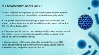  Characteristics of cell lines :
 Each cell line is distinguished by characteristic features which render
these cells unique and biomedically or biotechnologically useful.
• The growth pattern and morphological appearance of the cell line
should be determined and should be stable from the master cell bank to
the end-of-production cells.
• If there are specific markers that may be useful in characterizing the cell
line (such as marker chromosomes, specific surface markers), these
should be characterized for stability.
• Mostly cultured cell lines are allowed to generate their own ECM
(extra cellular matrix), but primary culture and propagation of some
specialized cells, exogenous provision of ECM.
 