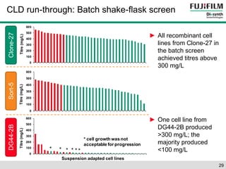 29 
CLD run-through: Batch shake-flask screen 
* 
Suspension adapted cell lines 
► All recombinant cell 
lines from Clone-27 in 
the batch screen 
achieved titres above 
300 mg/L 
► One cell line from 
DG44-2B produced 
>300 mg/L; the 
majority produced 
<100 mg/L 
DG44-2B Sort-5 Clone-27 
600 
500 
400 
300 
200 
100 
0 
Titre (mg/L) 
600 
500 
400 
300 
200 
100 
0 
Titre (mg/L) 
600 
500 
400 
300 
200 
100 
0 
Titre (mg/L) 
* * * * * 
* cell growth was not 
acceptable for progression 
 
