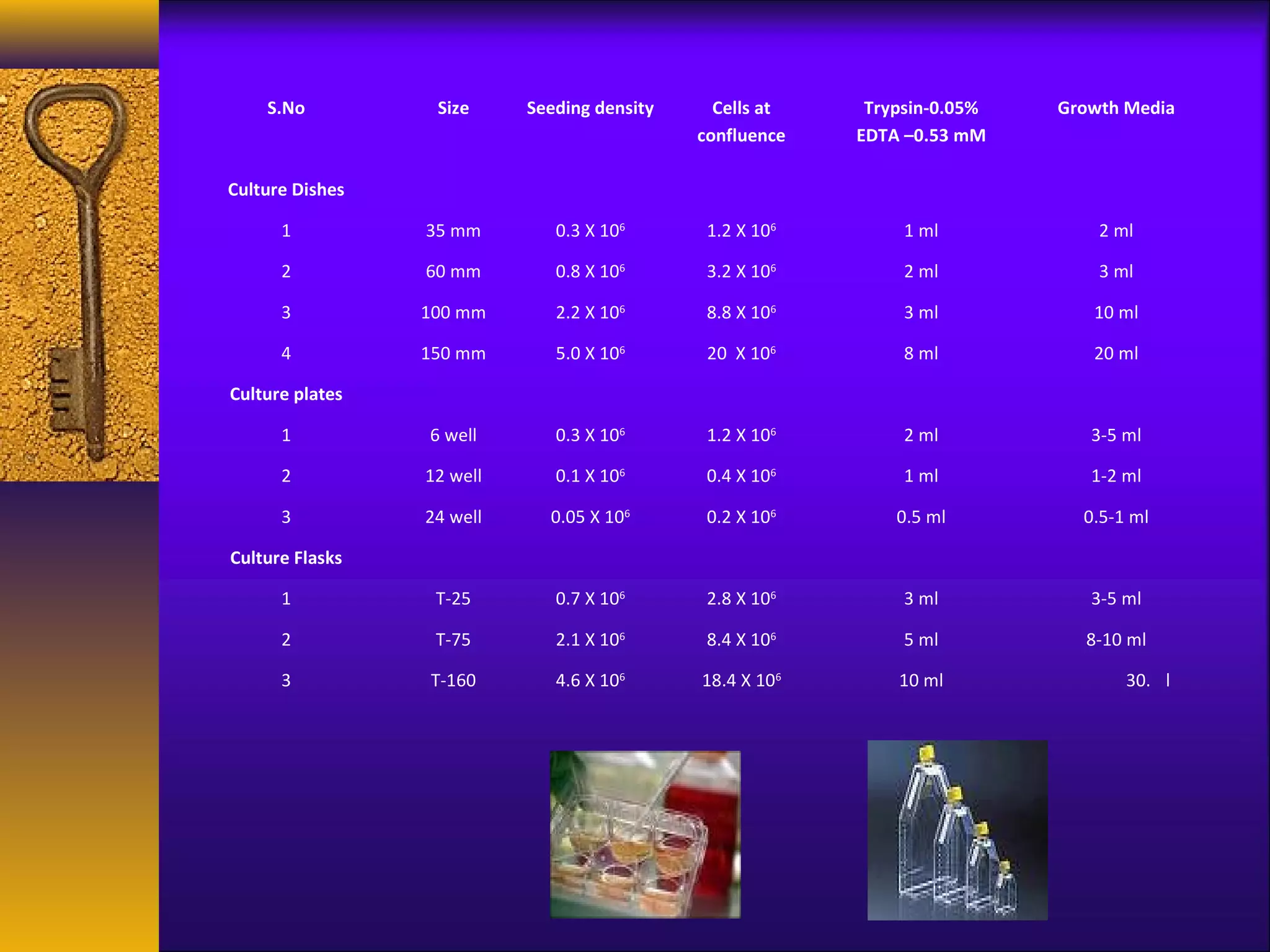 S.No          Size     Seeding density     Cells at    Trypsin-0.05%   Growth Media
                                             confluence   EDTA –0.53 mM

Culture Dishes

      1          35 mm        0.3 X 106       1.2 X 106        1 ml            2 ml

      2          60 mm        0.8 X 106       3.2 X 106        2 ml            3 ml

      3          100 mm       2.2 X 106       8.8 X 106        3 ml           10 ml

      4          150 mm       5.0 X 106       20 X 106         8 ml           20 ml

Culture plates

      1          6 well       0.3 X 106       1.2 X 106        2 ml           3-5 ml

      2          12 well      0.1 X 106       0.4 X 106        1 ml           1-2 ml

      3          24 well     0.05 X 106       0.2 X 106       0.5 ml         0.5-1 ml

Culture Flasks

      1           T-25        0.7 X 106       2.8 X 106        3 ml           3-5 ml

      2           T-75        2.1 X 106       8.4 X 106        5 ml          8-10 ml

      3          T-160        4.6 X 106      18.4 X 106       10 ml               30. l
 