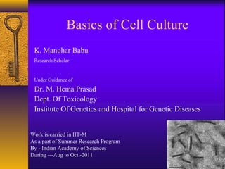 Basics of Cell Culture
 K. Manohar Babu
 Research Scholar


 Under Guidance of
 Dr. M. Hema Prasad
 Dept. Of Toxicology
 Institute Of Genetics and Hospital for Genetic Diseases


Work is carried in IIT-M
As a part of Summer Research Program
By - Indian Academy of Sciences
During ---Aug to Oct -2011
 
