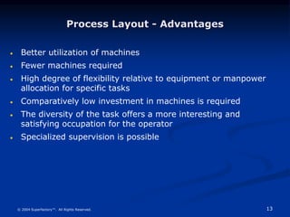 13
© 2004 Superfactory™. All Rights Reserved.
Process Layout - Advantages
 Better utilization of machines
 Fewer machines required
 High degree of flexibility relative to equipment or manpower
allocation for specific tasks
 Comparatively low investment in machines is required
 The diversity of the task offers a more interesting and
satisfying occupation for the operator
 Specialized supervision is possible
 