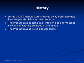 27
© 2004 Superfactory™. All Rights Reserved.
History
 In the 1920’s manufacturers moved away from assembly
lines to gain flexibility in their products.
 The Product Layout came back into style as a form called
Flow Manufacturing emerged in the 1970’s.
 The Product Layout is still popular today.
 